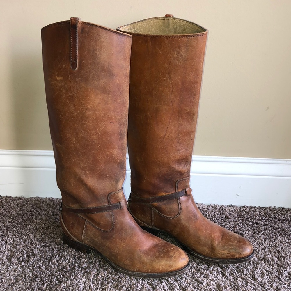 Frye Lindsay Plate Tall Boots: Cognac Brown Distressed, Size 8.5.